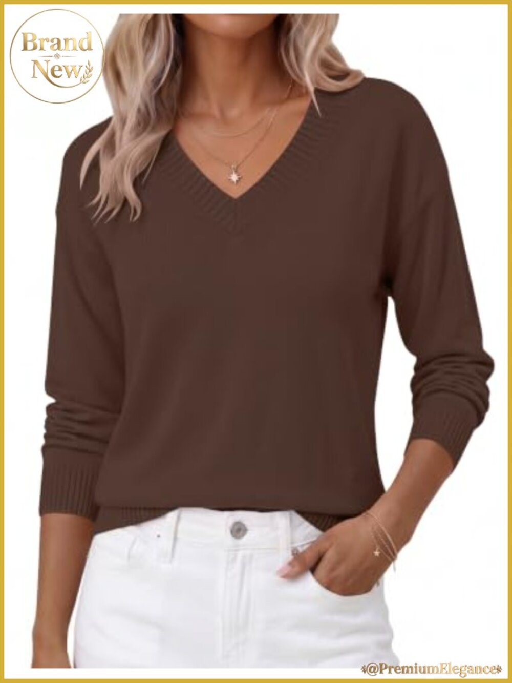 V-Neck Long Sleeve Sweater for Women - Lightweight Knit Casual Top Fall Pullover